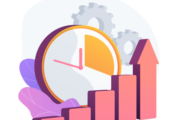 Clock and increasing chart. Workflow productivity increase, work performance optimization, efficiency indicator. Rising effectiveness metrics. Vector isolated concept metaphor illustration