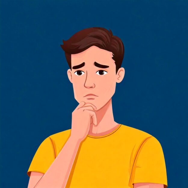 Firefly vetor de um homem pensando triste, num fundo azul marinho e com uma camiseta amarelo escuro