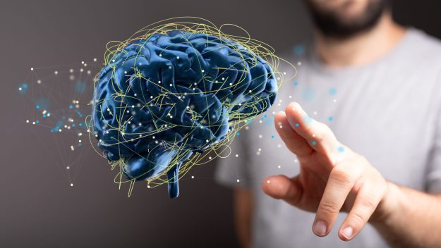 3d rendering of human brain on technology background